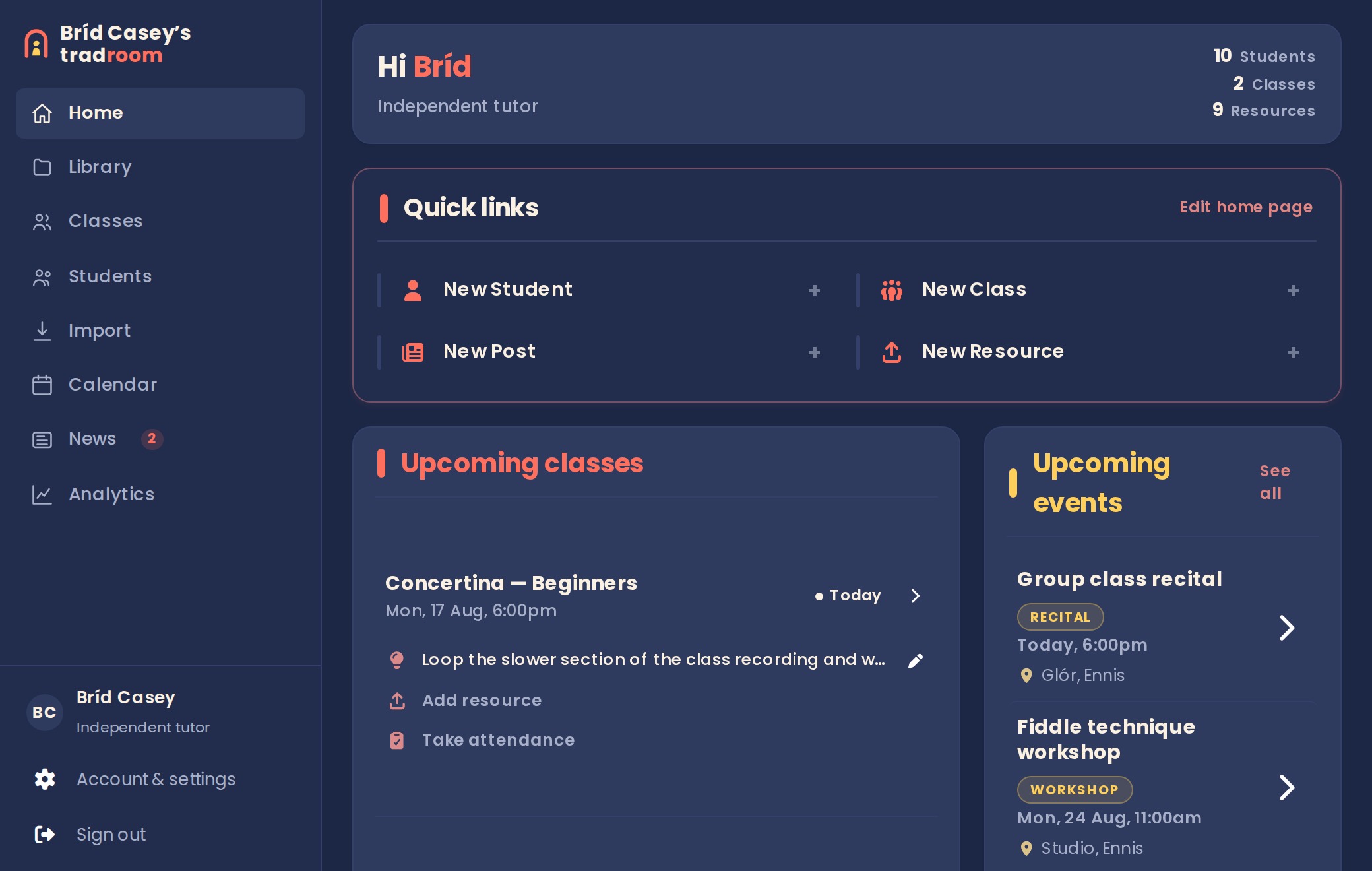 A tradroom tutor dashboard: students, classes and this week's lessons.