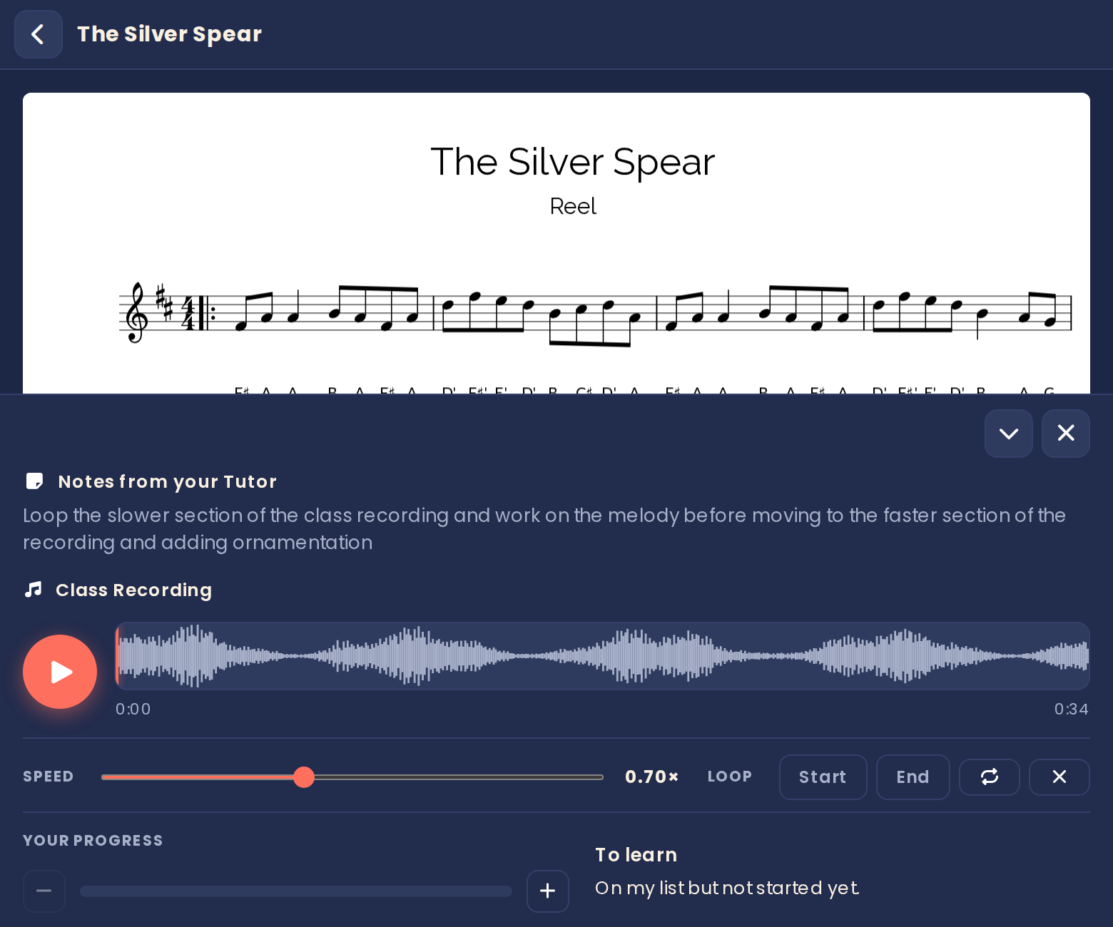 A tradroom student viewing notation full-screen with the practice player: a slow-down speed control and a looped section.