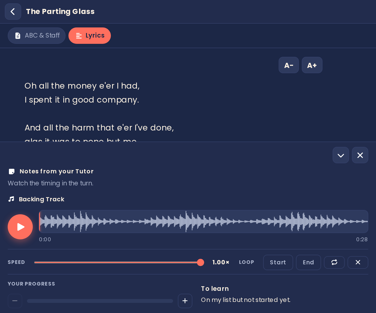 A tradroom student reading a song's lyrics next to its notation and recording.